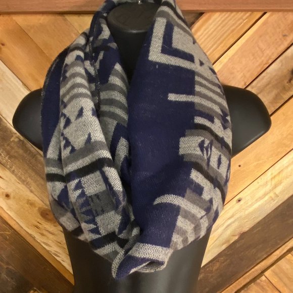 Southwestern Pattern Infinity Scarf in Beige/Navy - Picture 1 of 7